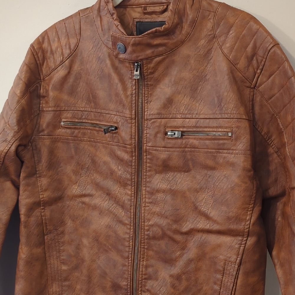 Men's Brown Faux Leather Biker Jacket size Large - Picture 2 of 10
